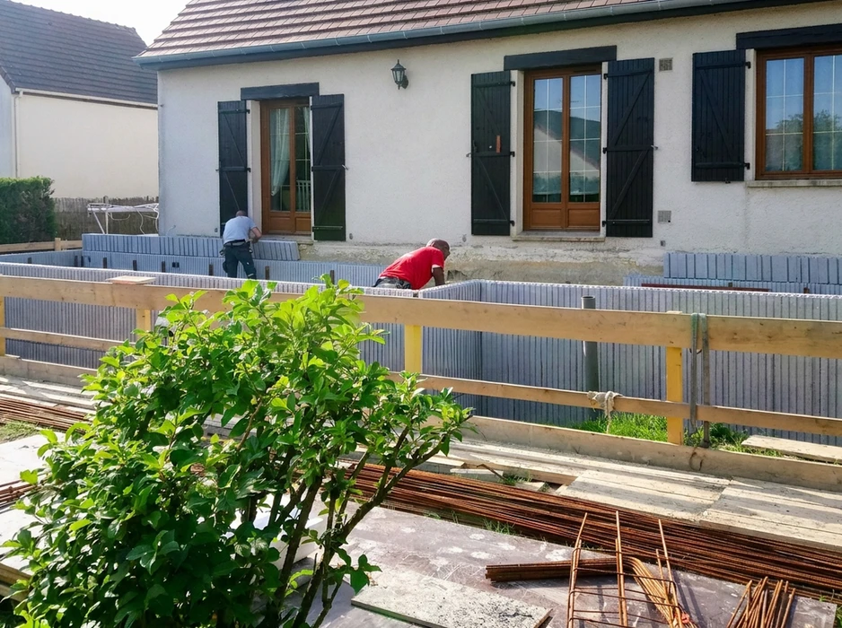 Chantier extérieur, deux ouvriers travaillent sur une extension de maison pavillonnaire