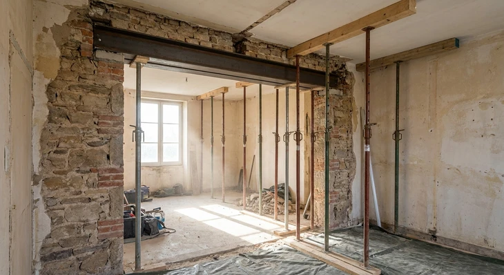 Travaux de construction d'immeubles résidentiels au Royaume-Uni avec nouvelle ouverture de mur