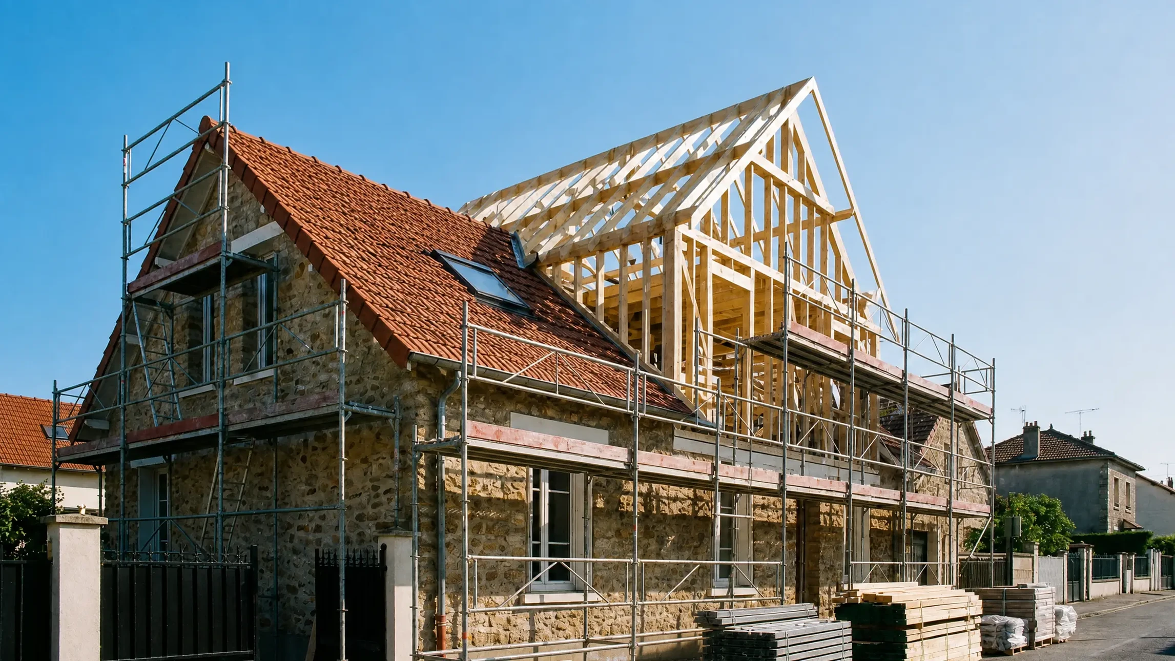 Chantier de construction ext&eacute;rieur avec ouvrier installant une charpente en bois